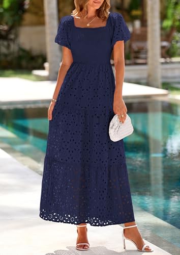 PRETTYGARDEN Summer Dresses for Women 2025 Eyelet Square Neck Puff Sleeve Smocked Wedding Guest Maxi Dress with Pockets3