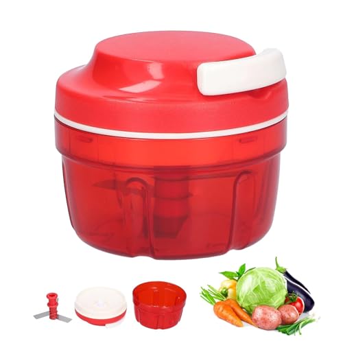 Zwiebelschneider, Zwiebelschneider mit Seilzug, Multizerkleinerer Manuell, Gemüseschneider Haushalt Kordelzug Design, Handbuch Gemüsehacker, Shredder Fleischmixer, Küchenbedarf (Rot-300ML) 1