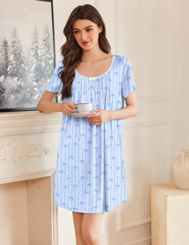 Image of Ekouaer Nightgowns for Women Pleated Sleep Shirts Short Sleeve Night Shirts
