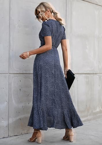 PRETTYGARDEN Women's Summer Maxi Dress Casual Wrap Floral Boho Short Sleeve V Neck Split Ruffle Beach Long Dresses
