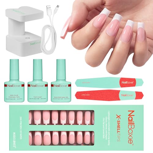 Gel Nail Kit, Top Coat, Nail Builder Gel and Nail Glue for Nail Tips, Press On Nails Kit with LED Light, 150 PCS Long Pink Square, 15 Sizes French Tip Press on Nails