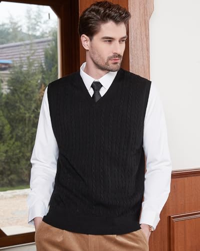 Kallspin Men’s Wool Blended Cable Knit Sweater Vest V Neck Relaxed Fit Sleeveless Pullovers4