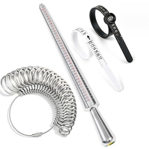 Image of Bflaae 4 PCS Ring Sizer Measuring Tool Kit with Ring Mandrel, 27 PCS Stainless Steel Ring Gauges, 2 PCS Reusable Finger Size Tape with Magnified Glass 1-17 USA Rings Size