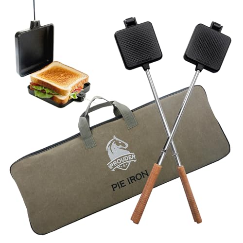 IPROUDER Campfire Pie Iron 4.9' Large Cast Iron Sandwich Maker for Camping 2 Pcs with Storage Bag - 21.7 inch Adjustable Handles - Campfire Cooking Equipment for Grilling & Outdoor Cooking