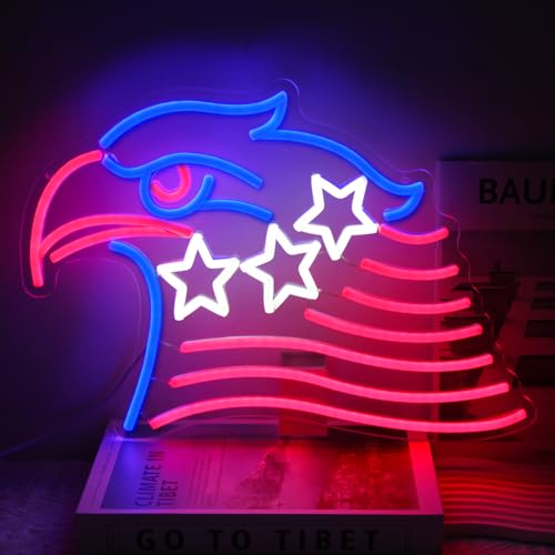 Image of Patriotic Eagle Flag Neon Sign USA Stars and Stripes Light for Wall Decor | Dimmable 4th of July Neon Sign, Acrylic Eagle LED Neon Lights for Bedroom, USB Powered, Memorial Day American Eagle Day Decor