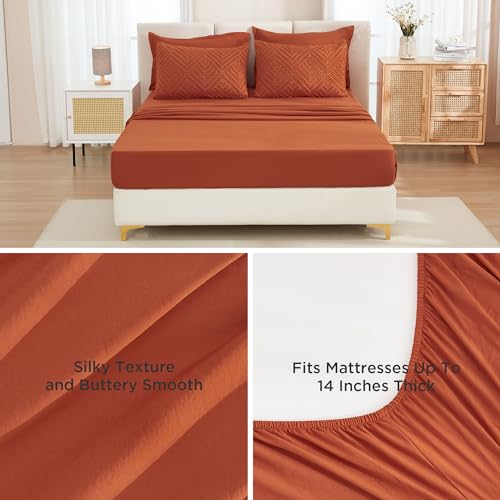 Image of Andency Super King Plus Comforter Set Burnt Orange - 7 Pieces Bed in a Bag Oversized King Bedding Sets, Boho Tufted Terracotta Bedding Sets, Rust Bed Set with Comforter, Sheets, Pillowcases & Shams