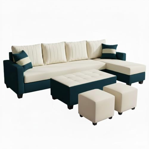 Image of FURNY Avenue 8 Seater Fabric RHS L Shape Sofa Set with 1 Centre Table & 2 Puffy (Cream-Greenish Teal) Premium Velvet Finish