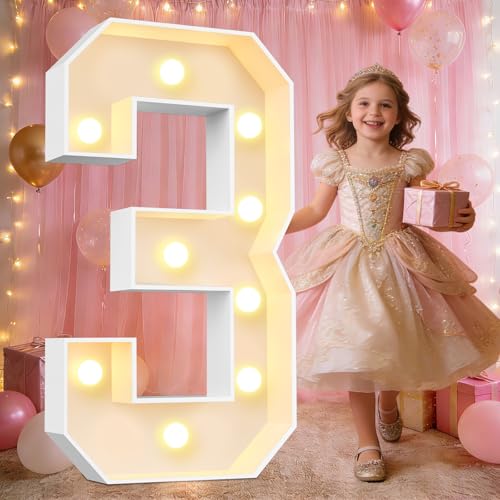 Pooqla 3FT Light Up Numbers, Large LED Letters Lighted Marquee Numbers for Party Decor, Giant Mosaic Light Up Number for 3rd 13th 30th Birthday Anniversary Decoration, Warm White LED 3