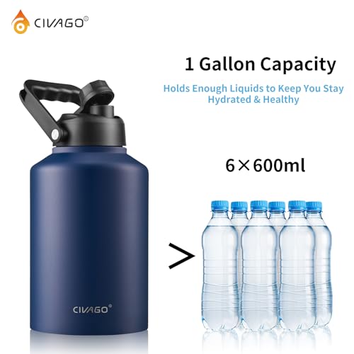 CIVAGO-Gallon-Insulated-Water-Bottle-Jug-with-Straw-128-oz-Large-Stainless-Steel-Sports-Metal-Water-Canteen-with-Handle-Big-Thermal-Water-Cup-Mug-with-2-Lids-for-Camping-Fishing-Sage