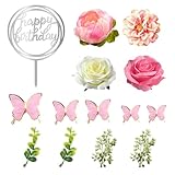 14 PCS Flower Cake Toppers Butterfly Cake Decorations Happy Birthday Cake Toppers with Artificial Pink Rose Flowers Eucalyptus Butterflies for Girls Birthday Party Wedding Baby Shower Supplies (Pink)