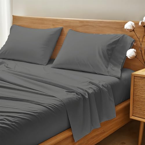THREAD SPREAD 100% Organic Cotton Bed Sheet Set - Crisp and Cooling Percale Weave, Soft Breathable, Eco-Friendly, 4 Piece Bedding Set, Deep Pocket with All-Around Elastic, (King, Dark Gray)