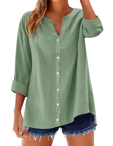 LOMON Womens Button Down Shirts Long Sleeve Cotton Button Up Shirt Linen V Neck Casual Loose Tops Blouses