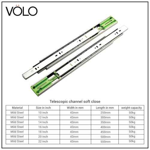 Image of Volo Heavy Duty Drawer Slides, Full Extension Ball Bearing Runners | Pack of 2 Piece | Channels for Kitchen Cabinets, Wardrobes, and Dressers (Soft Close (Mild Steel), 10 Inch)