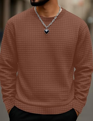 Image of KAJARU Quilted Pattern Long Sleeve Sweatshirt, Round Neck, Men's Casual Pullover, Grey, Black, Beige