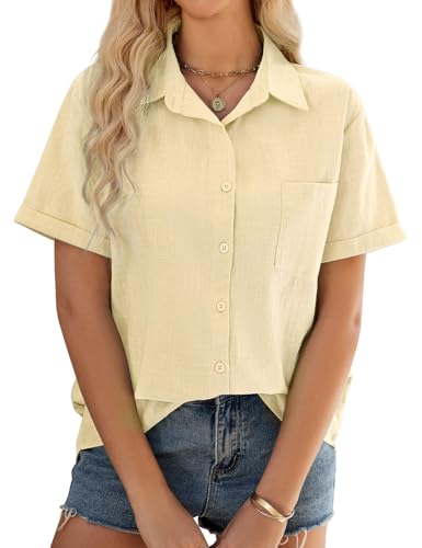 UMIPUBO Musselin Bluse Damen Sommer 100% Baumwolle Damenblusen Kurzarm Oberteile V-Ausschnitt Blusenshirt Hemdbluse Casual Shirts Leicht Sommerblusen Elegant Basic Knöpfen Tunika Tops (Gelb M)