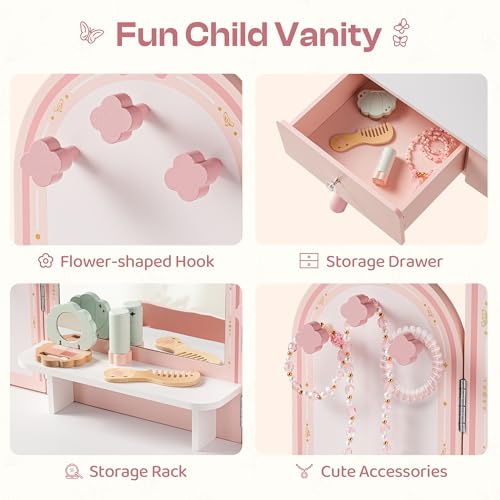 Image of ROBOTIME Pink Kids Vanity Set Butterfly Mirror & Stool Small Girl Vanity Desk with 2 Drawers Kids Make up Pretend Play Table Ideal Birthday for Toddler Age 3+ Bedroom Playroom Decor