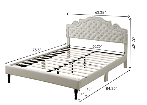 Queen Upholstered Platform Bed Frame With 47" Tall Adjustable Headboard - Button Tufted Linen Bed - Wood Slat Support With Storage Space - No Box Spring Needed - Beige - Oliver & Smith - Elizabeth #TOP1