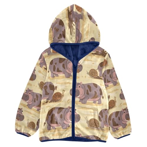 Hippo and Snail Pattern Print Toddler Fleece Jacket Girl Boys Hooded Fleece Jacket Coat Warm Outwear Zip-up 3-10T