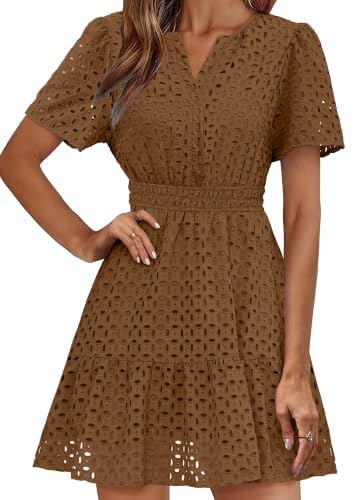 RUMIA Summer Dresses for Women 2026 V Neck Eyelet A Line Dress Brown Large — view 2
