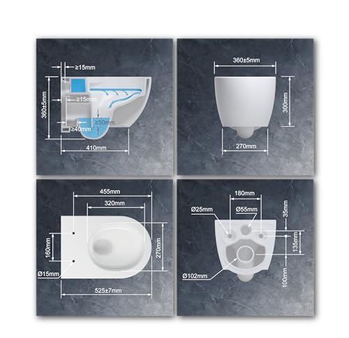 UDiseño® Spülrandloses Wand-WC Komplettset – Geräuscharm & Leicht zu Reinigen Hänge-Toilette, Tornado-Spülung, Absenkautomatik WC-Sitz, D-Form, 52,5 cm, Weiß