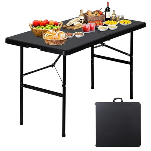 ZenStyle 4ft Heavy Duty Folding Table - Plastic Top & Steel Legs, Indoor Outdoor Utility Table w/Carry Handle for Camping, Parties, BBQs (Black)