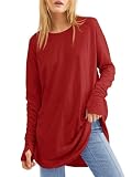 Fisoew Women's Casual Long Sleeve Tops Crew Neck Round Hem Loose T-Shirts Tunic Tops with Thumb Holes Red