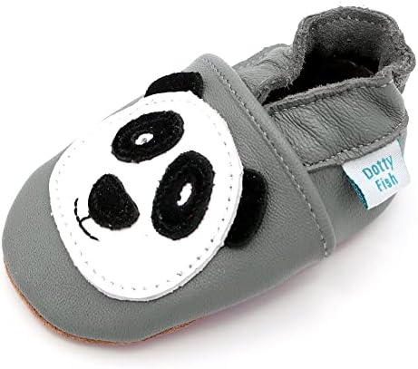 Dotty Fish Soft Leather Baby Shoes. Toddler Shoes. Boys and Girls. Non Slip. Grey Shoe with Panda. 2-3 Years (8 UK Child)