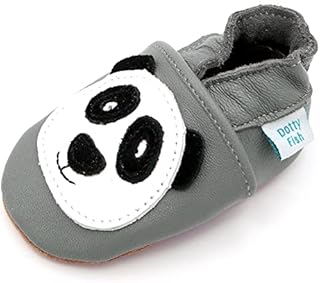 Dotty Fish Soft Leather Baby Shoes. Toddler Shoes. Boys and Girls. Non Slip. Grey Shoe with Panda. 2-3 Years (8 UK Child)