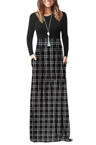 Image of AUSELILY Womens Long Sleeve Maxi Dress Casual Empire Waist with Pockets | Versatile year round long dress for spring, fall, winter, available in floral prints and solids