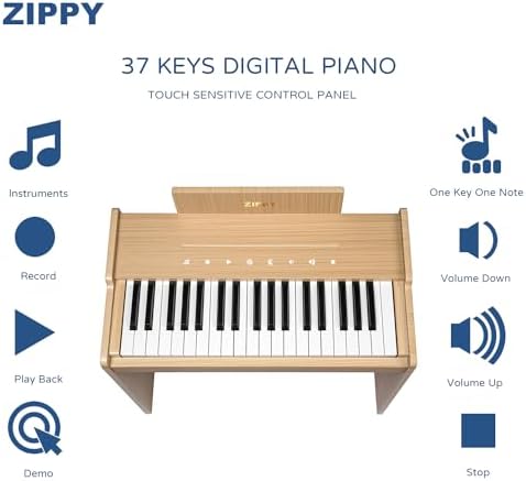 ZIPPY Kids Piano Keyboard, 37 Keys Digital Piano for Kids, Touch Sensitive Control Panel, Built-in Songs, Volume Adjustable, Music Educational Instrument, Wood Piano for 3+ Girls and Boys (Oak Plus) - 1