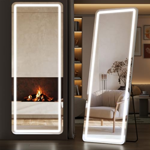 Sweetcrispy Full Length Mirror with LED Lights, 71.3"x26.5" Lighted Floor Mirror with Dimming & 3 Color Lighting, Stand for Bedroom, Dressing Room