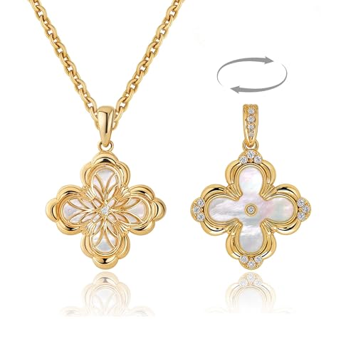 Fettero Dainty Gold Necklace for Women - Double Sided Pendant Necklace 14K Gold Plated Charm Clover Necklace Jewelry for Valentine's Day