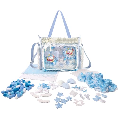 Ita Bag,DIY Pin Display Bag with Insert and Accessories,4 Color Anime Kawaii Ita Crossbody Purse with Adjustable Straps,Lace Cute Itabag with Clear Pocket, Y2K Shoulder Bags for Women(Blue)