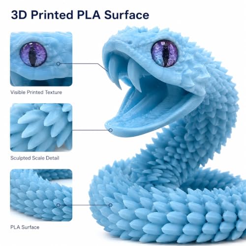 Image of 3D Printed Blue Viper Snake, 23 inch Glow in the Dark Articulated Snake Sculpture with Movable Jaw & Fangs, PLA Desk Decor for Display Shelves & Adult Collectors
