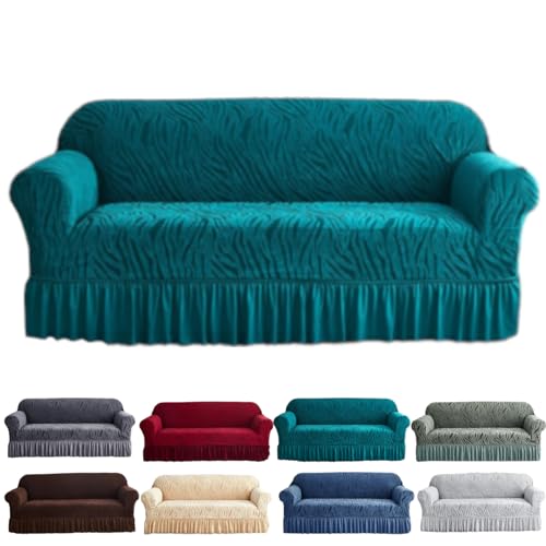 DSHUB Stretch-Sofabezug mit Rüschenrock für 2–3-Sitzer. Katzenkratz- und schmutzabweisender Sesselschutz mit Armlehnen. Möbelschutz für Klappsofas