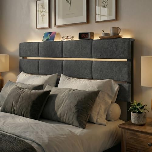 King & California King Size Upholstered Headboard Only with Charging Station RGB LED Lights & Storage Shelf Adjustable Height Sturdy and Stable Headboard Ideal for Bedroom Dorm Guest Room Grey