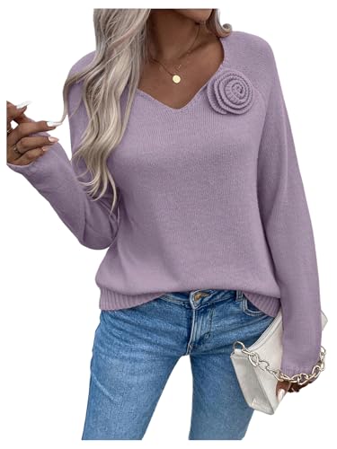 MakeMeChic Women's 3D Flower V Neck Long Sleeve Sweater Knitted Pullover Top