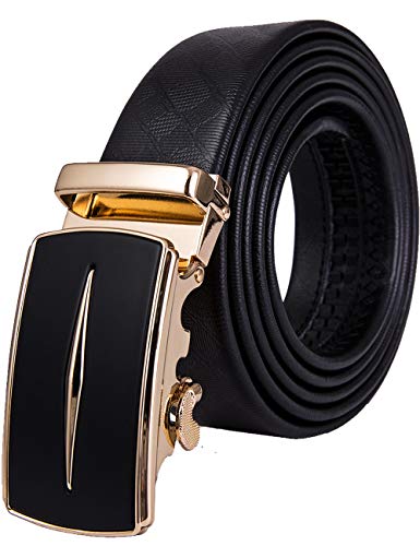 Barry.Wang Luxus Herren Gürtel Business Gold Schnalle Ratsche Designer Schwarz Leder Geschenkbox Gürtel für Kleid Jeans, gold, Length 130cm-51',adjustable