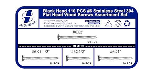 Image of QISHENG 110 PCS Black Head #6 Stainless Steel Phillips Flat Head Wood Screws Assortment Set,Stainless Steel 18-8 A2(304) Screw,Home Screw Kit