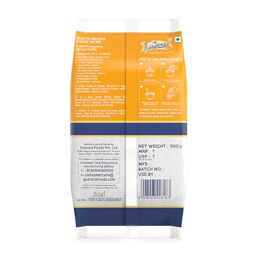 Image of Gustora Whole Wheat Fusilli Pasta, 1kg (Pack of 6 x 500g) | Authentic Italian Pasta with Al Dente Texture | 100% Durum Whole Wheat Semolina | Zero Maida | High Fibre | Vegetarian