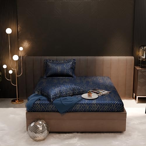 Image of Stoa Paris 300TC UltraSatin King Fitted Bedsheet Set with 2 Pillow Covers, Gentle on Skin & Hair, Wrinkle & Fade Resistant, Home Decor, Gift for Couple, Starlit Night - Navy (183cm x 198cm + 30cm)