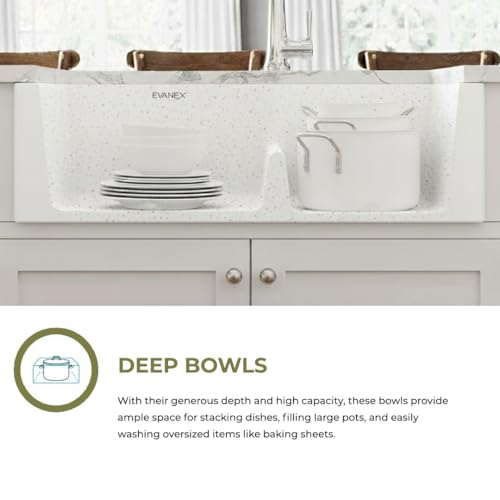 Image of EVANEX Quartz Kitchen Sink|Double Bowl Sink for Kitchen|Topmount /Undermount Kitchen Sinks|Rosa Double Sink with Connector, Waste Pipe, Coupling and Drain Basket|34x20x9 Granite Kitchen Sinks