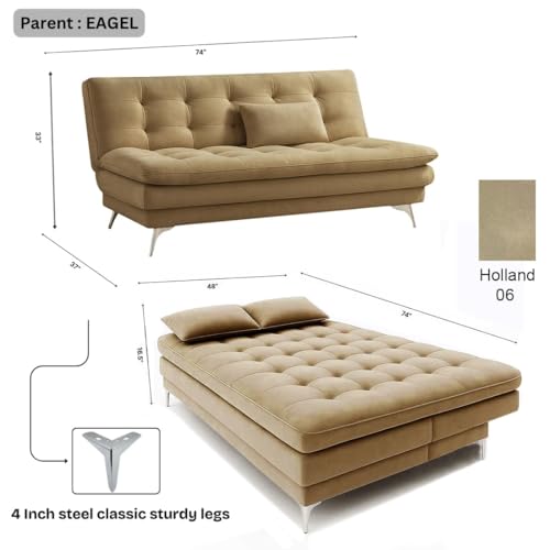 Image of FURNY Eagel 3 Seater Fabric Sofa Cum Bed with 2 Cushions (Camel) with Velvet Fabric | Durable with Comfort | Perfect for Living Room, Bedrooms, Offices