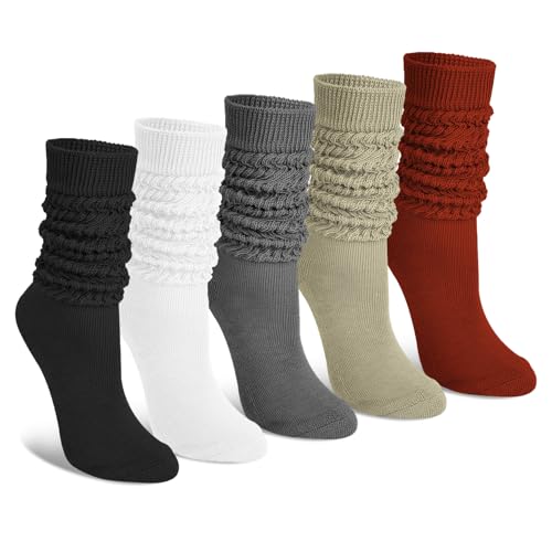 Justay 5 Pairs Slouchy Socks for Women - Knit Cotton Tube Cute Knee High Boot Long Scrunch Slouch Socks Gifts