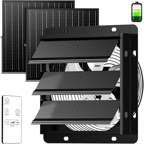 Solar Exhaust Fan with Battery & Dual Solar Panels for Greenhouse, Shed