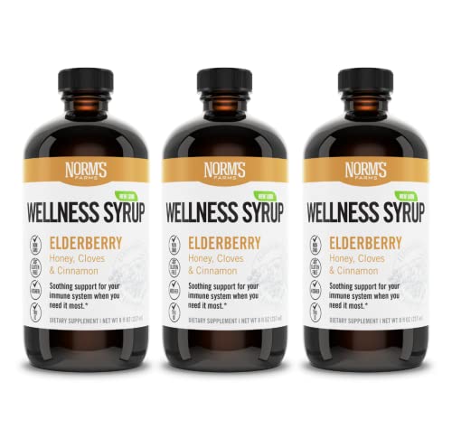 Norm's Farms Black Elderberry Wellness Syrup + Honey, Cinnamon, & Cloves - Natural Immune Support - Kosher, Gluten Free, Non-GMO - 3PK 8 Oz. Bottles