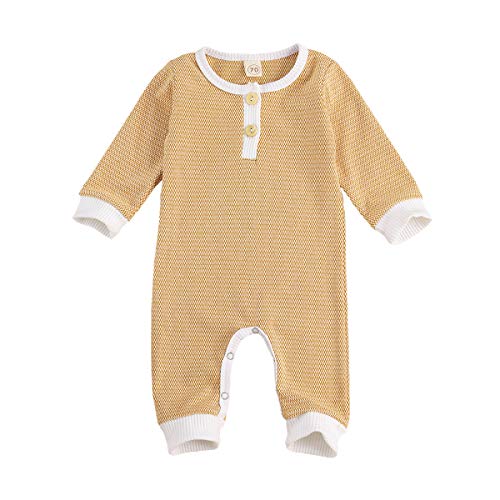 MiliMaDa Newborn Baby Boy Girl Solid Romper Ribbed Jumper Button Up Jumpsuit One Piece (B-Khaki, 3-6 Months)