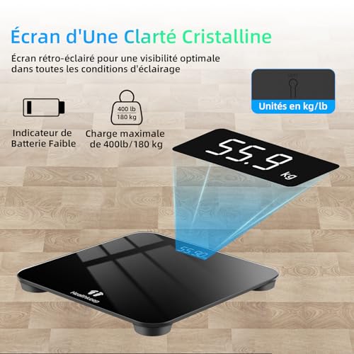 Healthkeep Balance Pese Personne Numérique, Haute Précision avec Affichage Lumineux, Technologie Step-On 5mm Verre Trempé, Haute Précision à 180kg/ 400lb – Image 4