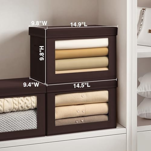 Image of Homsorout Foldable Storage Boxes with Clear Window - Clothes Organizers and Decorative Bins with Lid, Fabric Storage Cube, Baskets for Shelves, Yarn, Home, Brown, 3 Pack