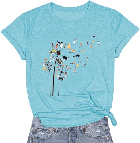Image of Cat Shirts for Women Butterfly Graphic Tops Dandelion T Shirt Womens Vacation T-Shirt Nature Lover Tee
